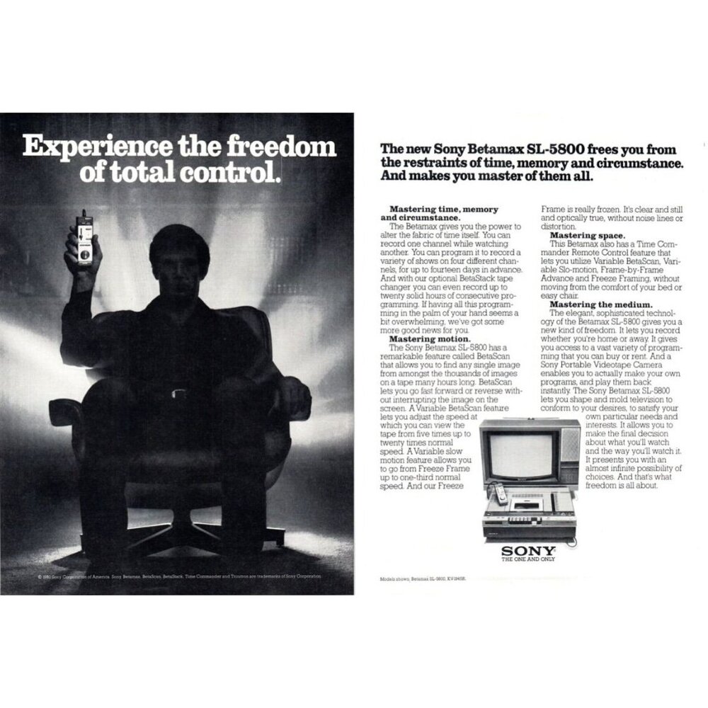 1981 Sony Betamax SL-5800 VCR 2 Page Vintage Print Ad Total Control 80s Wall Art